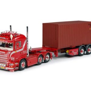 Scania R-serie Lowline 6x2 trekker met 20ft. Containeroplegger D-tec Flexitrailer weeda